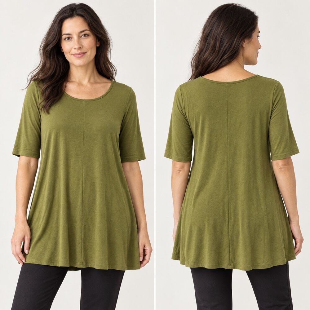 Eileen Fisher Women’s S Olive Green Viscose Stretch Swing Tunic Top Lagenlook
